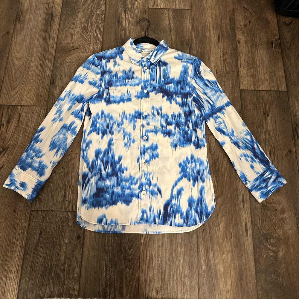 ZARA Printed women’s Shirt Collared Blouse Blue White print size xs